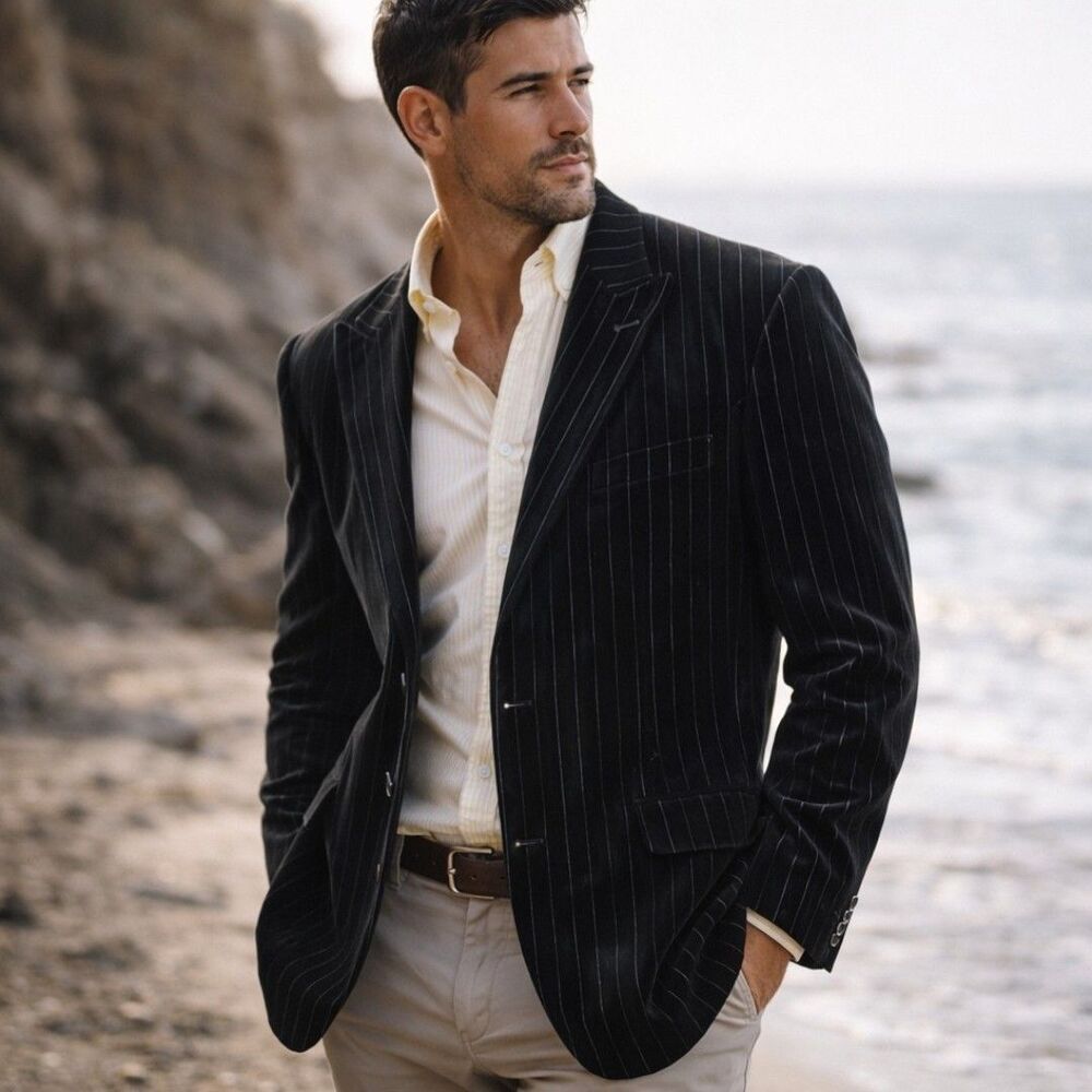 Vtg Velvet XL Black Pinstripe Blazer Tailored Sport Coat Classic Formal Wedding